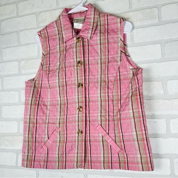 Beautiful Pink Plaid Button Front Quilted Vest Pockets, Adjustable Size Medium - Picture 4 of 11